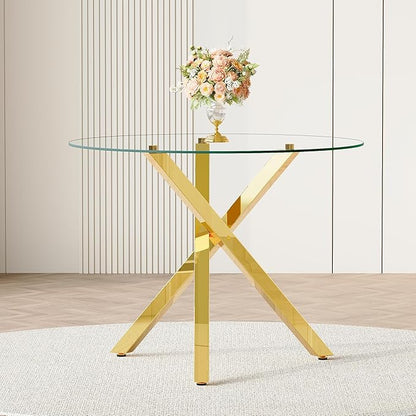 Round Glass Dining Table 39 Inch Modern Round Kitchen Table with Metal Legs Durable Stylish Dinner Table for Dining Room Kitchen
