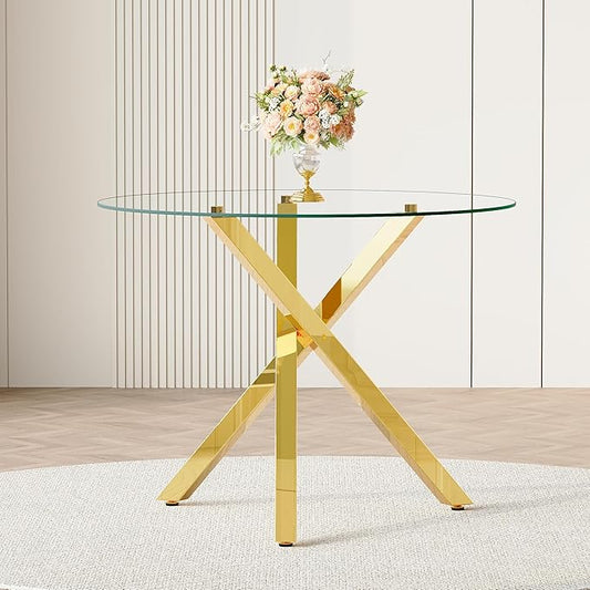 Round Glass Dining Table 39 Inch Modern Round Kitchen Table with Metal Legs Durable Stylish Dinner Table for Dining Room Kitchen