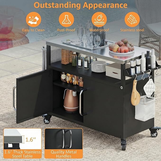 Casaphoria 54.5" Outdoor Kitchen Island, Stainless Steel Countertop BBQ Grill Cart Bar Cart with Storage Cabinet, Spice Rack, Towel Holder, 4 Lockable Wheels Bar Carts for Patio Lawn Garden BBQ