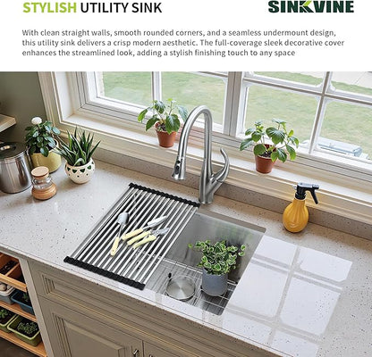 21-Inch Undermount Kitchen Bar Sink, SINKVINE Stainless Steel Wet Bar Sink Single Bowl for Outdoor, RV, Laundry, with Drain Strainer, Bottom Grid Protector, Roll-up Drying Unit, 21" x 18" x 10"