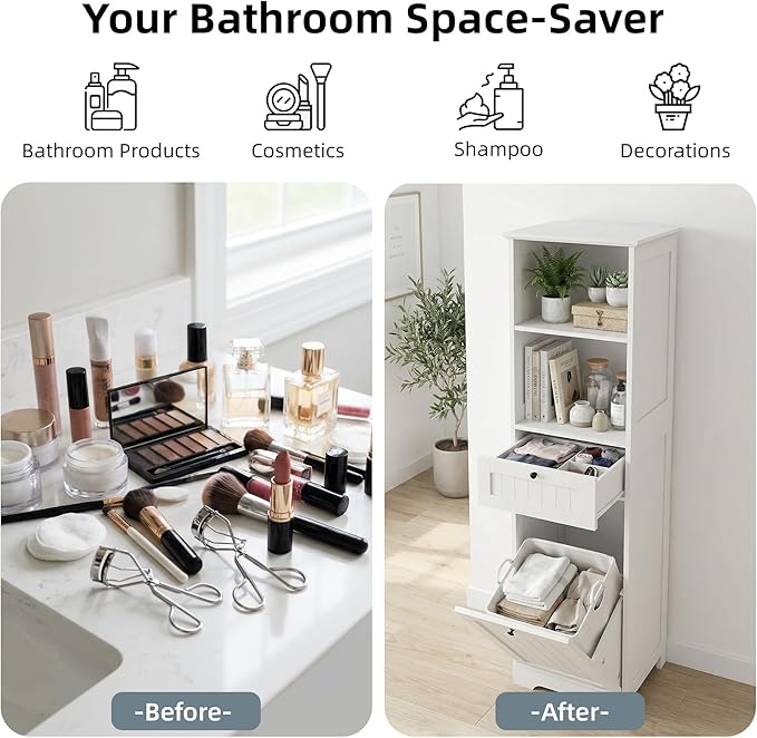 Casaphoria 55 Inch Tall Laundry Sorter Cabinet, Narrow Bathroom Storage Cabinet with Tilt-Out Hamper and Drawer, Freestanding Space-Saving Organizer for Laundry Room, White