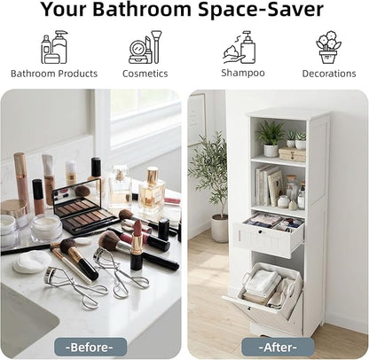 Casaphoria 55 Inch Tall Laundry Sorter Cabinet, Narrow Bathroom Storage Cabinet with Tilt-Out Hamper and Drawer, Freestanding Space-Saving Organizer for Laundry Room, White