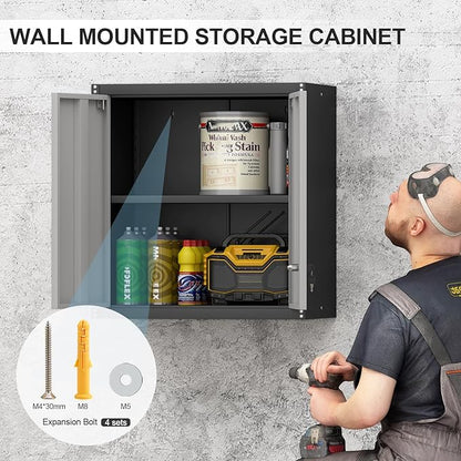 Metal Wall Mounted Garage Cabinets, Heavy Duty Steel Locking Cabinet with Doors & 2 Keys, Garage Storage Cabinet with Adjustable Floating Shelf for Shop, Utility Room, Office, Black & Grey