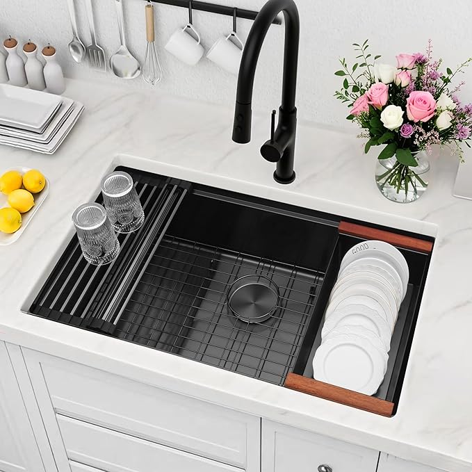 MILOSEN 33 Inch Black Undermount Kitchen Sink, 33" x 19" Black Stainless Steel Sinks, Single Bowl Workstation Sink with Custom Accessories, Handmade Under Counter Design, 9'' Depth Large Kitchen Sinks