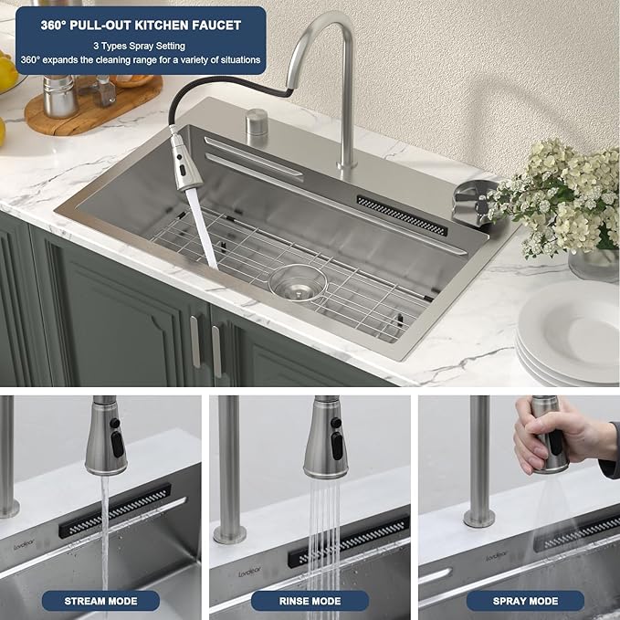 Lordear 31 Drop Kitchen Sink with Faucet Combo 31"x20" Waterfall Kitchen Sink Workstation Stainless Steel 16 Gauge Single Bowl Topmount Handmade Sinks with Pull Out Faucet