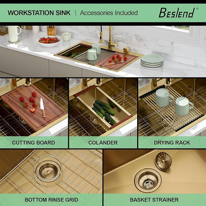 33x22 Drop In Gold Kitchen Sink - Beslend Stainless Steel Ledge Workstation Drop In Kitchen Sinks Gold Sink 16 Gauge Single Bowl Topmount Basin