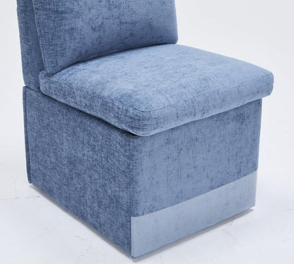 Set of 2 Linen Upholstered Armless Dining Chair with Casters and Storage Space, Modern Dining Room Chairs with Wheels for Dining Room Kitchen Bedroom Reading Room Living Room, Blue