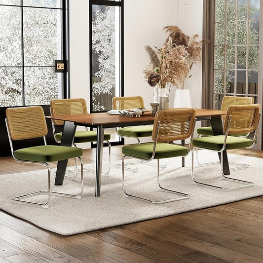 Rattan Back Velvet Dining Chair Set of 6 Modern Stainless Chrome Base Armless Upholstered Side Chair for Dining Room, Kitchen Island, Olive Green
