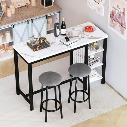 Lamerge Kitchen Furniture Bar Height Table and Chairs for 2 People, 4-Tier Compact Dining Room Table, White Faux Marble Top and 2 Grey Velvet Upholstered Seat, Modern Dining Set for Home/Studio/Office