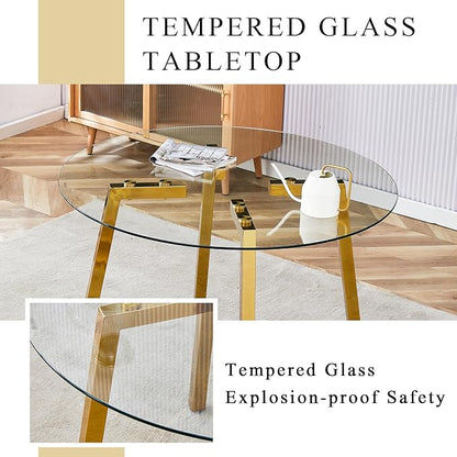 Round Glass Dining Table Set with 2 Black Velvet Chairs, 42 Inch Diameter Clear Tempered Glass Top with Gold Metal Legs, Grid Pattern for Elegant Dining Room and Kitchen