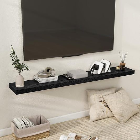 Fun Memories 55 Inch Floating Shelves for Wall, Fireplace Mantel Shelf with Invisible Heavy Duty Bracket, 8 Inch Deep Storage Shelf for Living Room, Kitchen, Farmhouse, Black