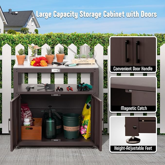 Feasto Garden Potting Bench with Storage, Outdoor Potting Table & Garden Work Bench for Plants, Horticulture, Outdoor Potting Station with Stainless Steel Tabletop, Outdoor Work Table