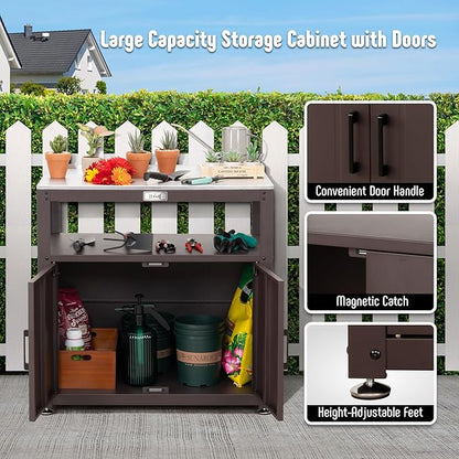 Feasto Garden Potting Bench with Storage, Outdoor Potting Table & Garden Work Bench for Plants, Horticulture, Outdoor Potting Station with Stainless Steel Tabletop, Outdoor Work Table
