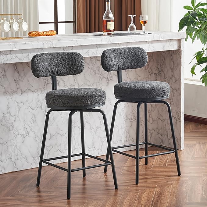 Modern Swivel Bar Stools Set of 2, Upholstered Counter Height Bar Chairs with Metal Legs & Footrest, 360° Swivel Barstools for Kitchen Island, Dining Room