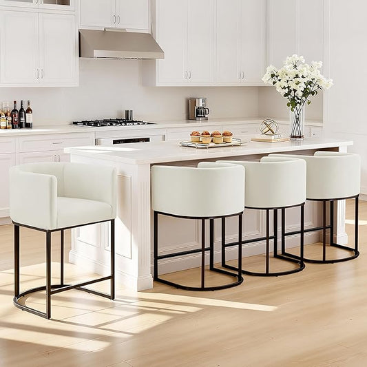24" Counter Height Bar Stools Set of 4, Modern Barrel Counter Stools with Backrest and Arms, Fabric Upholstered Accent Barstools with Metal Legs for Kitchen Island,Ivory