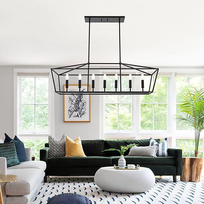 VINLUZ 7 Light E12 Dining Room Lighting Fixtures Hanging Farmhouse Chandelier in Matte Black Finish Modern Pendant Lighting Adjustable Height for Bedroom Living Room Hallway