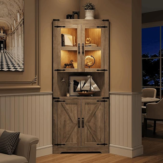 GarveeHome 67 in Tall Corner Storage Cabinet with Lights, Farmhouse Corner Hutch Display Cabinet with Glass Doors, Wooden Storage Organizer for Kitchen, Living Room, Bathroom, Washed Grey
