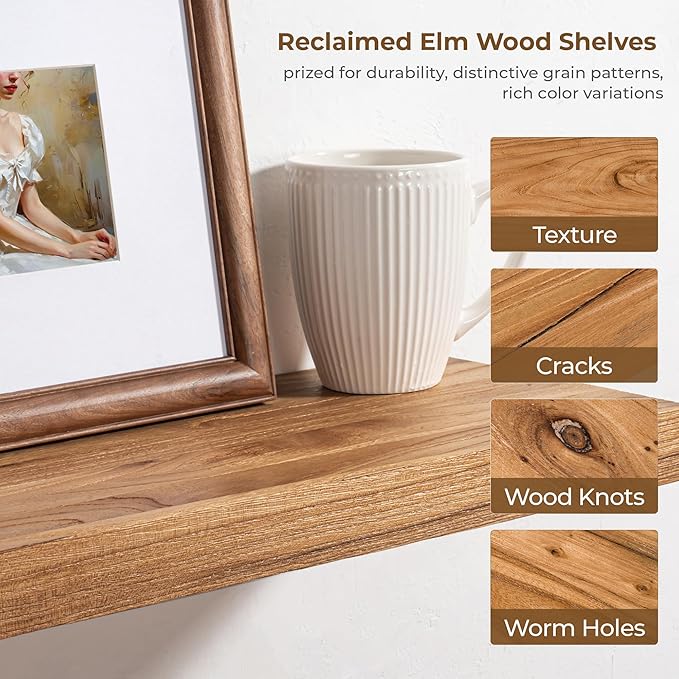 Axeman Floating Shelves for Wall, Rustic Elm Wood 56''W x 8" D Wall Shelf with Invisible Bracket, Large Long Wall Mounted Storage Shelves for Living Room, Bedroom, Kitchen, Bathroom Decor, Natural