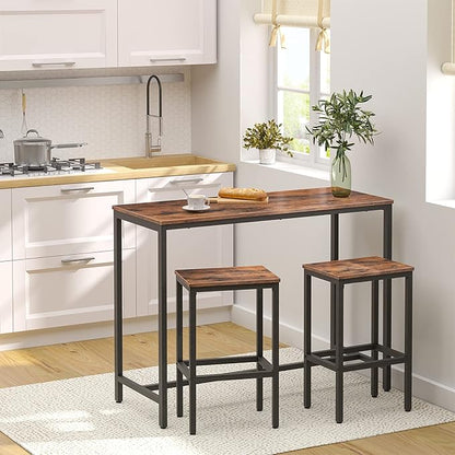 HOOBRO Bar Table Set and Kitchen Island, 47.2” Bar Table and 2 Bar Stools, Kitchen Counter with Hooks and Protective Rails for Kitchen, Living Room, Dining Room, Rustic Brown BF52BT01-BF02ZD01