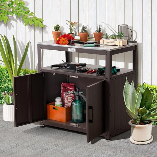 Feasto Garden Potting Bench with Storage, Outdoor Potting Table & Garden Work Bench for Plants, Horticulture, Outdoor Potting Station with Stainless Steel Tabletop, Outdoor Work Table