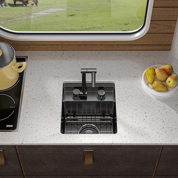 13"x15" Undermount RV Kitchen Sink Workstation – 16 Gauge 304 Stainless Steel Gunmetal Black NANO-PVD Single Bowl Basin with Foldable Faucet, for RV, Outdoor Camper, Mobile Home, Wet Bar