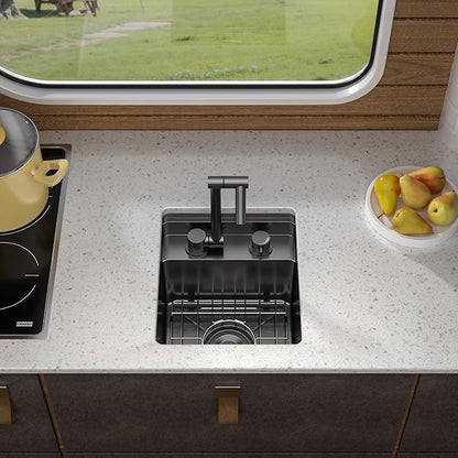 13"x15" Undermount RV Kitchen Sink Workstation – 16 Gauge 304 Stainless Steel Gunmetal Black NANO-PVD Single Bowl Basin with Foldable Faucet, for RV, Outdoor Camper, Mobile Home, Wet Bar