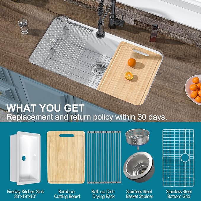 Large Undermount Workstation Kitchen Sink White 33 x 19 Inch, Fireclay Sink Drop In Single Bowl, Dual Mount Heavy Duty Deep Basin, Cutting Board Included, White, for Kitchen