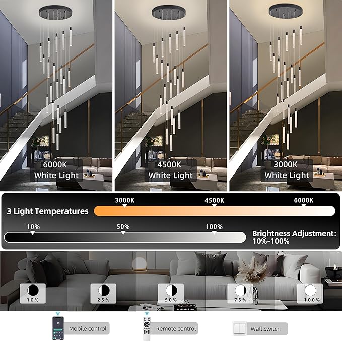 20-Lights Bubble Chandelier for Entryway High Ceiling-157 Height Adjustable Crystal Chandelier,3 Color Temperature Dimmable LED Pendant Light Fixture for Foyer Living Room Staircase,Matte Black