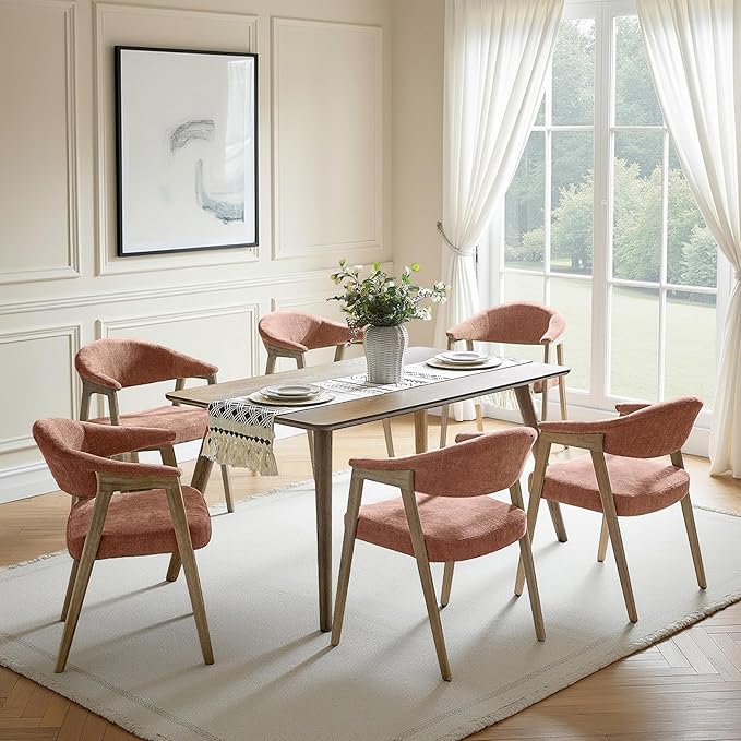 HULALA HOME Dining Chairs Set of 6, Mid-Century Modern Upholstered Dining Room Chair with Armrest, Curved Backtrst & Solid Wood Legs, Kitchen Side Chairs for Resurant, Living Room - Coral