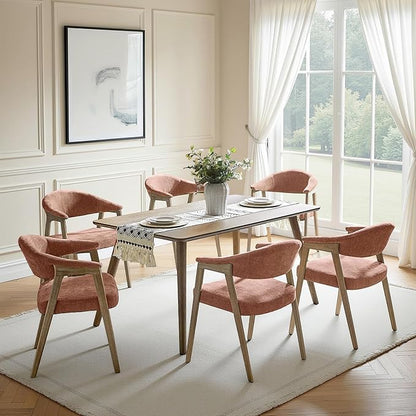 HULALA HOME Dining Chairs Set of 6, Mid-Century Modern Upholstered Dining Room Chair with Armrest, Curved Backtrst & Solid Wood Legs, Kitchen Side Chairs for Resurant, Living Room - Coral