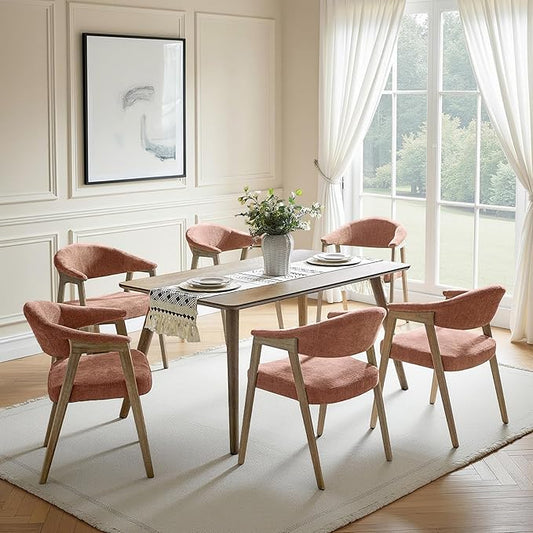 HULALA HOME Dining Chairs Set of 6, Mid-Century Modern Upholstered Dining Room Chair with Armrest, Curved Backtrst & Solid Wood Legs, Kitchen Side Chairs for Resurant, Living Room - Coral