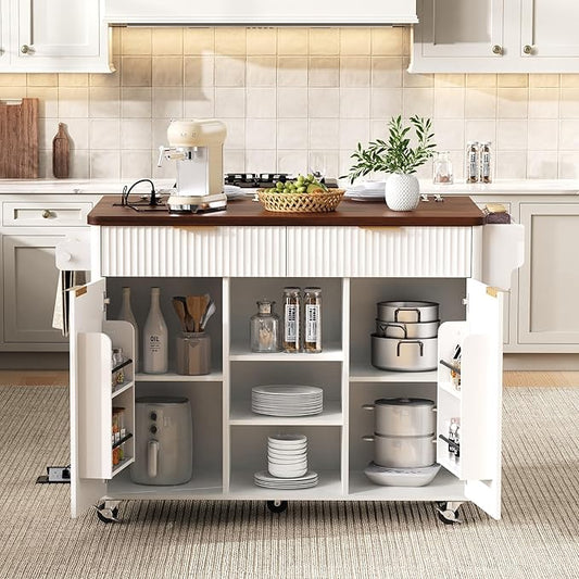 Merax Farmhouse 52 inch Kitchen Island on Wheels with Drop Leaf Table, Power Outlet, Wood Kitchen Rolling Cart with Faux Marble Top & 2 Doors & 2 Drawers, White