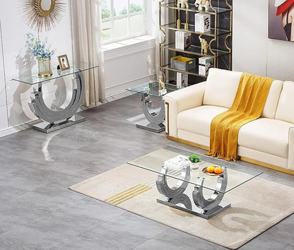 Glass Living Room Table Set of 3, Modern Glass Coffee Table with 1 Console Table & End Tables Set for Apartment, Luxury Coffee Table Sets Perfect for Living Room, Stainless Steel Frame