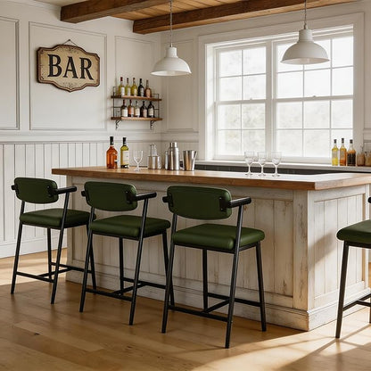 GarveeHome Counter Height Bar Stools Set of 6 with Armrests, 26" Upholstered 6pcs Tall Bar Stools Set, Long Backrest & Extra Thick Cushion, Modern High Barstools for Kitchen Island, Pub, Rustic Green