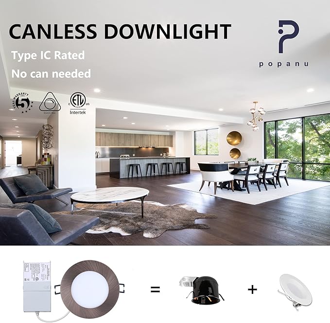 POPANU Premium LED-Canless Downlight Recessed Lighting 4-inch 5 CCT Adjustable Dimmable Recessed Lights Fixture with Junction Box, Ceilling Light with Junction Box, 9W, Oil Rubbed Bronze, 6 Pack