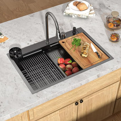 33" Drop-In Single Bowl Black Kitchen Sink with Faucet, Gunmetal Black 16 Gauge 304 Stainless Steel Workstation Sink with Cup Washer, Waterfall Outlet and Four-Hole Configuration #TLWF-0027