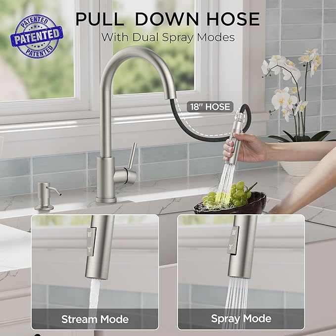 FORIOUS Kitchen Faucet with Pull Down Sprayer, Modern Single Hole Kitchen Sink Faucet with Soap Dispenser, Deck Plate, Brushed Nickel Single Handle, High Arc Stainless Steel for RV Farmhouse Laundry
