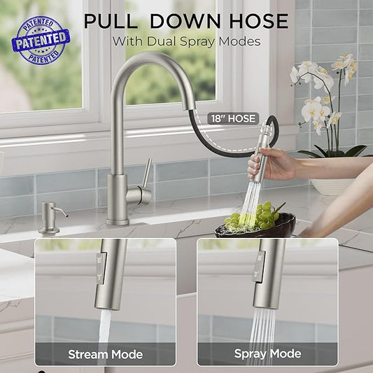 FORIOUS Kitchen Faucet with Pull Down Sprayer, Modern Single Hole Kitchen Sink Faucet with Soap Dispenser, Deck Plate, Brushed Nickel Single Handle, High Arc Stainless Steel for RV Farmhouse Laundry