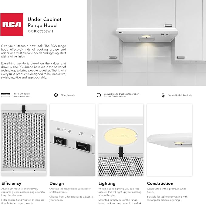 RCA R-RHUCC30SWH 30 in. Century Collection Ductless Under Cabinet Range Hood, Reusable Filter, Rocker Switch, Light, White