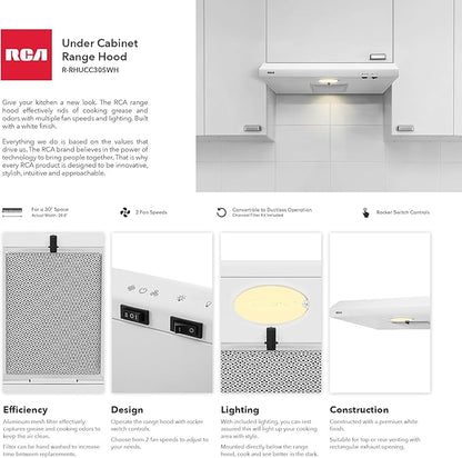 RCA R-RHUCC30SWH 30 in. Century Collection Ductless Under Cabinet Range Hood, Reusable Filter, Rocker Switch, Light, White