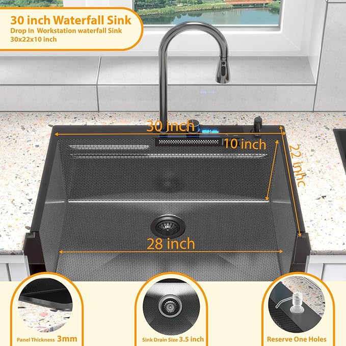 30inch Drop In Waterfall Kitchen Sink Metal Black -Feibus 30x22x10 Sink with Faucet Combo Double Step Workstation 16 Gauge Multifunctional Stainless Steel Single Bowl