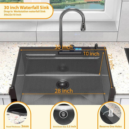 30inch Drop In Waterfall Kitchen Sink Metal Black -Feibus 30x22x10 Sink with Faucet Combo Double Step Workstation 16 Gauge Multifunctional Stainless Steel Single Bowl