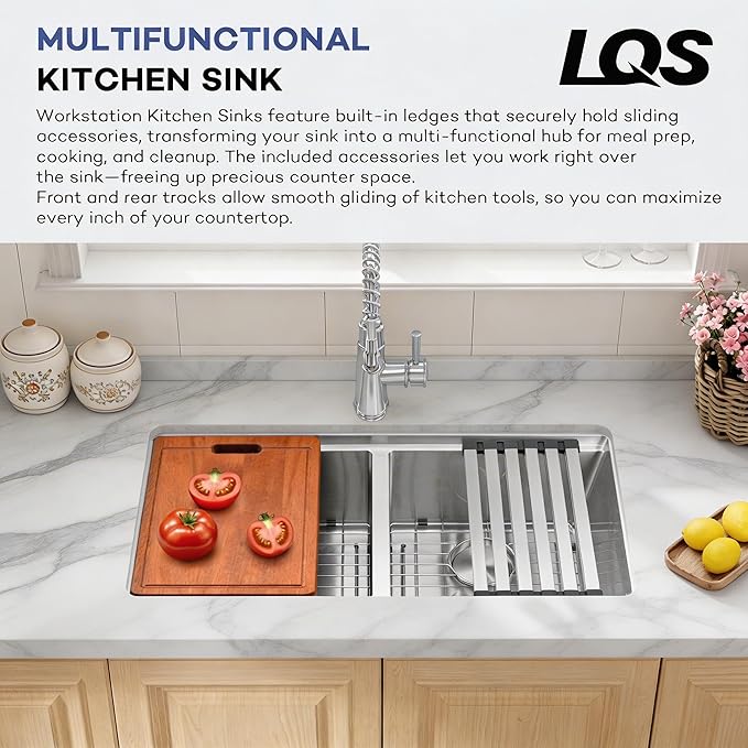 LQS Stainless Steel Sink Double Bowl, 31 Inch Kitchen Sink Undermount, Undermount/Drop In Installation Kitchen Sink 31x18, X-Shaped Drain Line for Quick & Fast Drainage