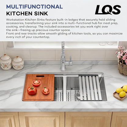 LQS Stainless Steel Sink Double Bowl, 31 Inch Kitchen Sink Undermount, Undermount/Drop In Installation Kitchen Sink 31x18, X-Shaped Drain Line for Quick & Fast Drainage
