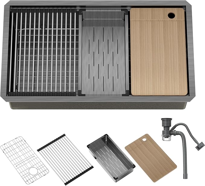 33 Inch Black Stainless Steel Undermount Single Bowl Sinks,33x19x9 Inch Deep Sink, 16 Gauge Workstation Kitchen Sinks, Modern Undermount Kitchen Sink with Ledge and Accessories