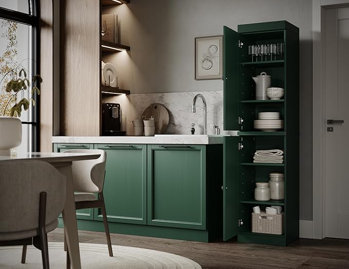 Palace Imports Solid Wood Kitchen Pantry - Narrow Storage Cabinet - Raised Panel Doors, Adjustable Shelves, Green, 16.5" Wide x 71.5" Tall, 100% Eco-Friendly Wood, Modular Pantry Cabinet Systems