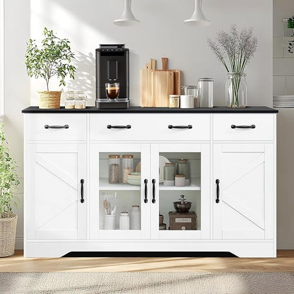 Sideboard Buffet Cabinet with Storage, 55" Large Kitchen Buffet Table with Glass Doors and Shelves, Modern Farmhouse Coffee Bar Cabinet for Kitchen Dining Living Room