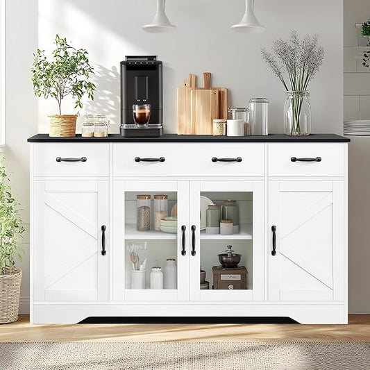 Sideboard Buffet Cabinet with Storage, 55" Large Kitchen Buffet Table with Glass Doors and Shelves, Modern Farmhouse Coffee Bar Cabinet for Kitchen Dining Living Room
