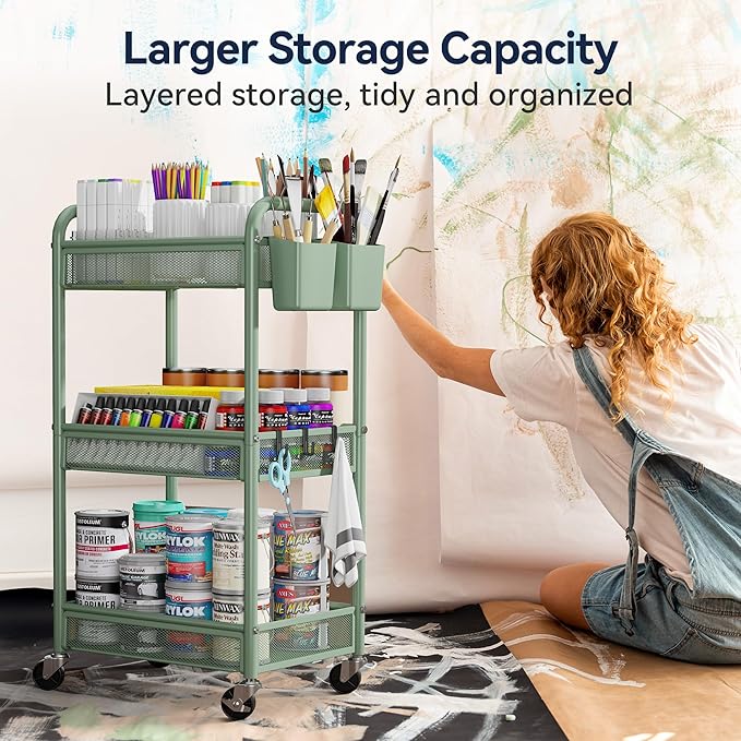 YASONIC 3 Tier Rolling Cart – Metal Utility Storage Carts with Wheels, Craft Carts Organizer with Hanging Cups, Hooks, Mesh Basket for Bedside Kitchen Office Art, Green
