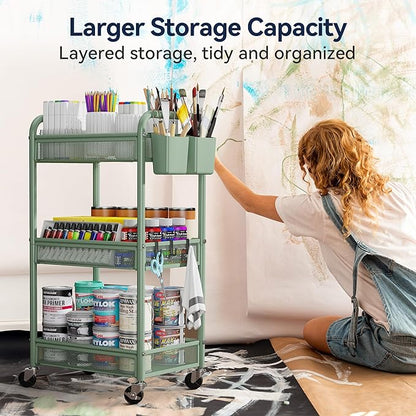 YASONIC 3 Tier Rolling Cart – Metal Utility Storage Carts with Wheels, Craft Carts Organizer with Hanging Cups, Hooks, Mesh Basket for Bedside Kitchen Office Art, Green